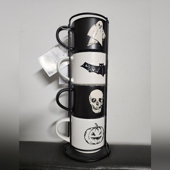 Way to Celebrate 4-Piece 12-Oz Black & White Halloween Icons Ceramic Pumpkin - Picture 3 of 7